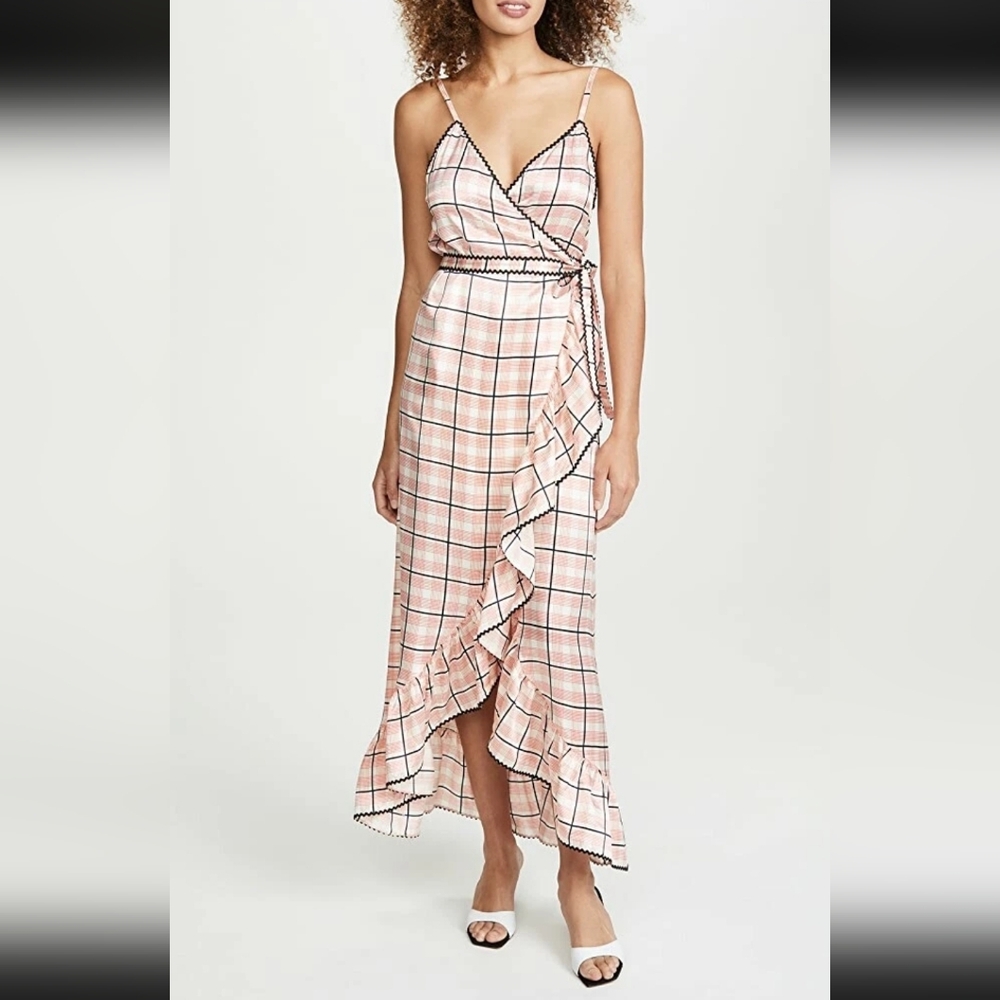 Morgan Lane Sofia Silk Wrap Dress in Pink Cherry Plaid Print $388, Sz M, Nwt!